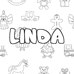 Coloriage prénom LINDA - décor Jouets
