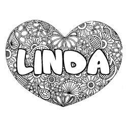 Coloriage prénom LINDA - décor Mandala coeur