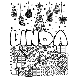 Coloriage prénom LINDA - décor Sapin et Cadeaux