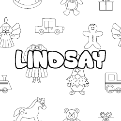 Coloriage prénom LINDSAY - décor Jouets