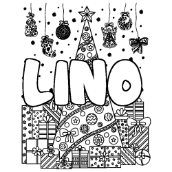 Coloriage prénom LINO - décor Sapin et Cadeaux
