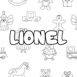 Coloriage pr&eacute;nom LIONEL - d&eacute;cor Jouets