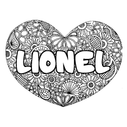 Coloriage prénom LIONEL - décor Mandala coeur