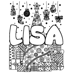 Coloriage prénom LISA - décor Sapin et Cadeaux
