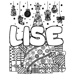 Coloriage pr&eacute;nom LISE - d&eacute;cor Sapin et Cadeaux