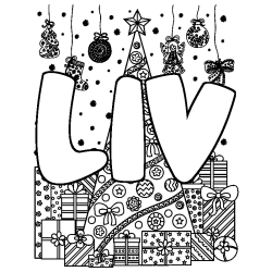Coloriage pr&eacute;nom LIV - d&eacute;cor Sapin et Cadeaux