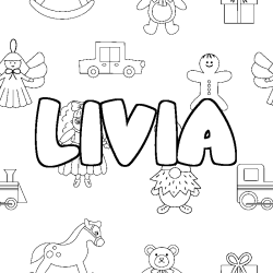 Coloriage prénom LIVIA - décor Jouets