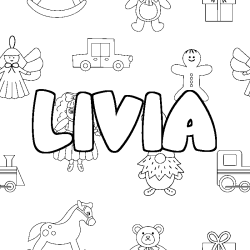 Coloriage pr&eacute;nom LIVIA - d&eacute;cor Jouets