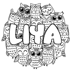 Coloriage pr&eacute;nom LIYA - d&eacute;cor Chouettes