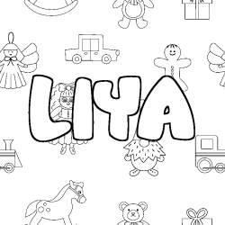 Coloriage prénom LIYA - décor Jouets