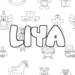 Coloriage pr&eacute;nom LIYA - d&eacute;cor Jouets