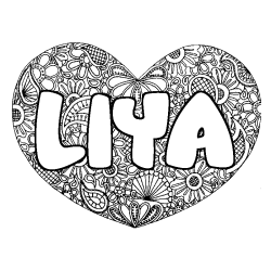 Coloriage pr&eacute;nom LIYA - d&eacute;cor Mandala coeur