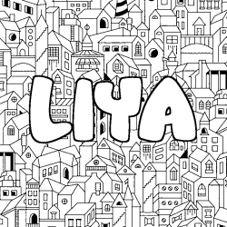 Coloriage pr&eacute;nom LIYA - d&eacute;cor Ville