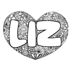 Coloriage pr&eacute;nom LIZ - d&eacute;cor Mandala coeur