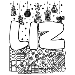 Coloriage prénom LIZ - décor Sapin et Cadeaux