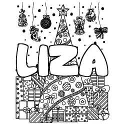 Coloriage pr&eacute;nom LIZA - d&eacute;cor Sapin et Cadeaux
