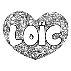 Coloriage pr&eacute;nom LO&Iuml;C - d&eacute;cor Mandala coeur