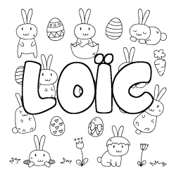 Coloriage pr&eacute;nom LO&Iuml;C - d&eacute;cor Paques