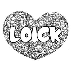 Coloriage pr&eacute;nom LOICK - d&eacute;cor Mandala coeur