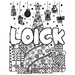 Coloriage prénom LOICK - décor Sapin et Cadeaux