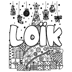 Coloriage pr&eacute;nom LO&Iuml;K - d&eacute;cor Sapin et Cadeaux