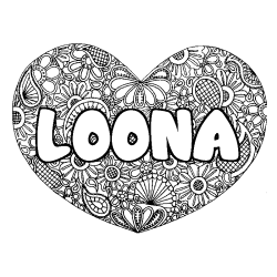 Coloriage pr&eacute;nom LOONA - d&eacute;cor Mandala coeur