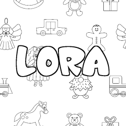 Coloriage prénom LORA - décor Jouets