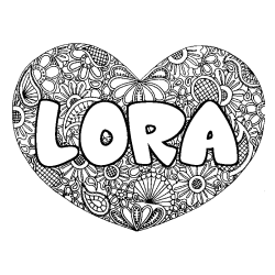 Coloriage pr&eacute;nom LORA - d&eacute;cor Mandala coeur