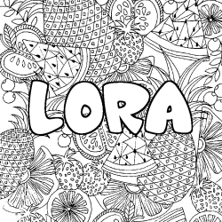 Coloriage pr&eacute;nom LORA - d&eacute;cor Mandala fruits