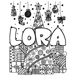 Coloriage prénom LORA - décor Sapin et Cadeaux
