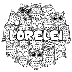 Coloriage pr&eacute;nom LORELEI - d&eacute;cor Chouettes