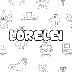 Coloriage pr&eacute;nom LORELEI - d&eacute;cor Jouets