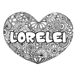 Coloriage prénom LORELEI - décor Mandala coeur