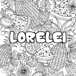 Coloriage prénom LORELEI - décor Mandala fruits