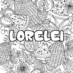 Coloriage pr&eacute;nom LORELEI - d&eacute;cor Mandala fruits