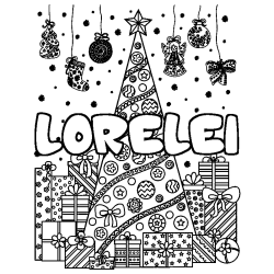 Coloriage pr&eacute;nom LORELEI - d&eacute;cor Sapin et Cadeaux