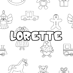 Coloriage pr&eacute;nom LORETTE - d&eacute;cor Jouets