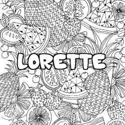 Coloriage pr&eacute;nom LORETTE - d&eacute;cor Mandala fruits