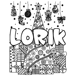 Coloriage pr&eacute;nom LORIK - d&eacute;cor Sapin et Cadeaux