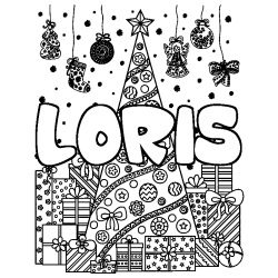 Coloriage pr&eacute;nom LORIS - d&eacute;cor Sapin et Cadeaux