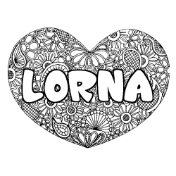 Coloriage pr&eacute;nom LORNA - d&eacute;cor Mandala coeur