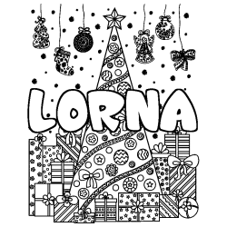 Coloriage pr&eacute;nom LORNA - d&eacute;cor Sapin et Cadeaux