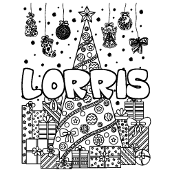 Coloriage pr&eacute;nom LORRIS - d&eacute;cor Sapin et Cadeaux