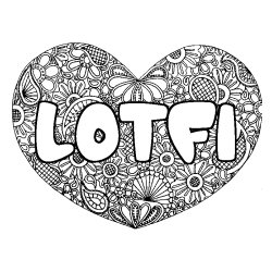 Coloriage pr&eacute;nom LOTFI - d&eacute;cor Mandala coeur