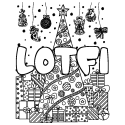 Coloriage pr&eacute;nom LOTFI - d&eacute;cor Sapin et Cadeaux