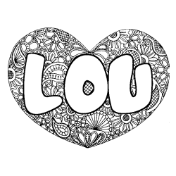 Coloriage prénom LOU - décor Mandala coeur