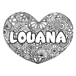 Coloriage prénom LOUANA - décor Mandala coeur