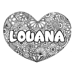 Coloriage pr&eacute;nom LOUANA - d&eacute;cor Mandala coeur