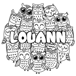 Coloriage pr&eacute;nom LOUANN - d&eacute;cor Chouettes