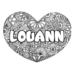 Coloriage pr&eacute;nom LOUANN - d&eacute;cor Mandala coeur